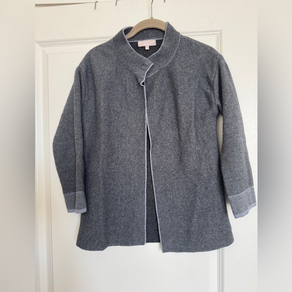 Bendetta B  Grey Cardigan Made in Italy Soft Wool Blend Herringbone Size S